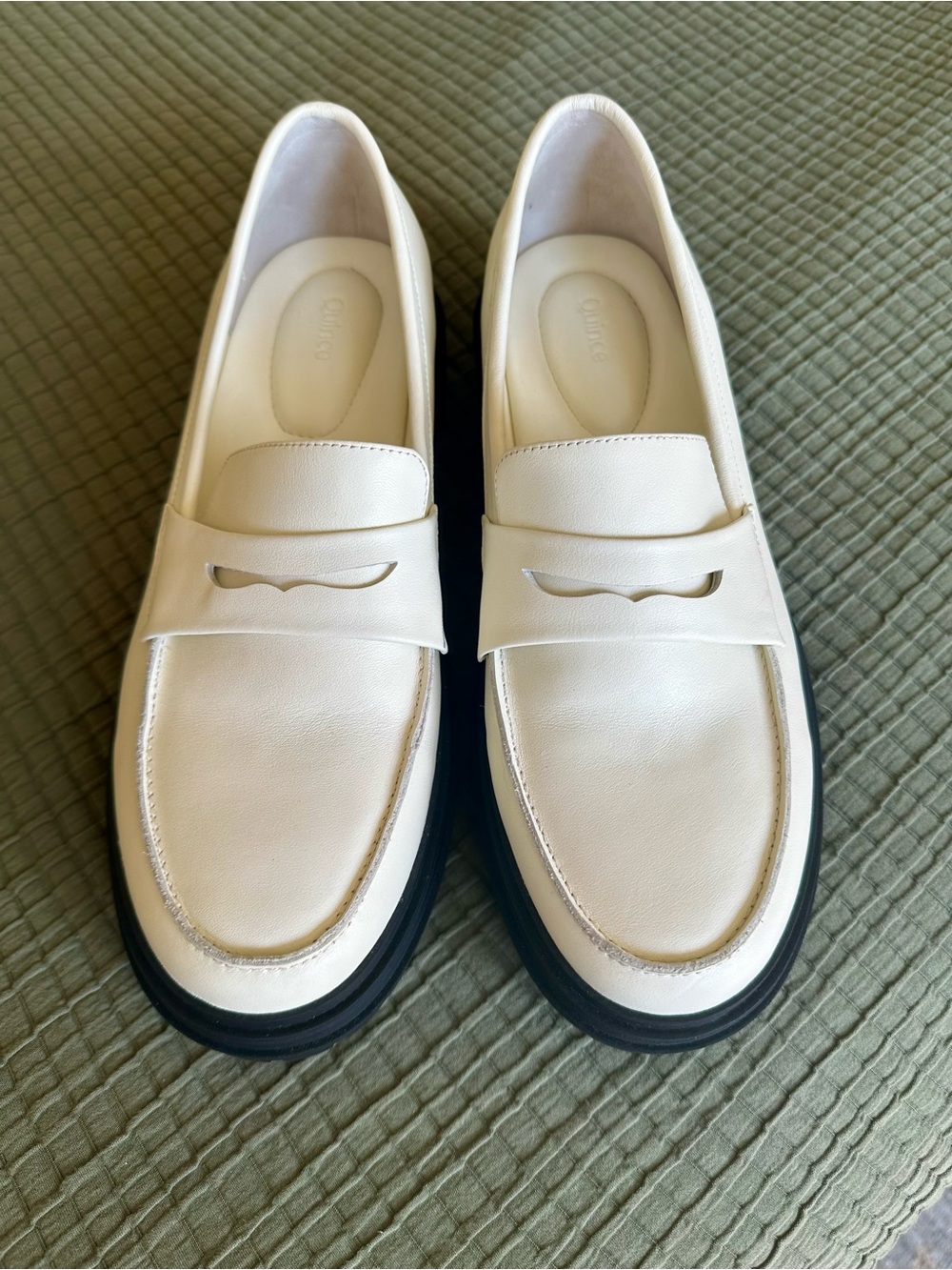 Quince White Italian Leather Penny Loafers with Black Sole